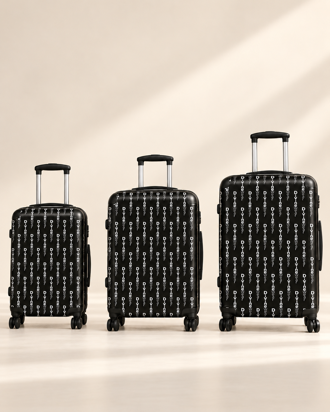 DivineWear black monogram suitcase size range; sold individually
