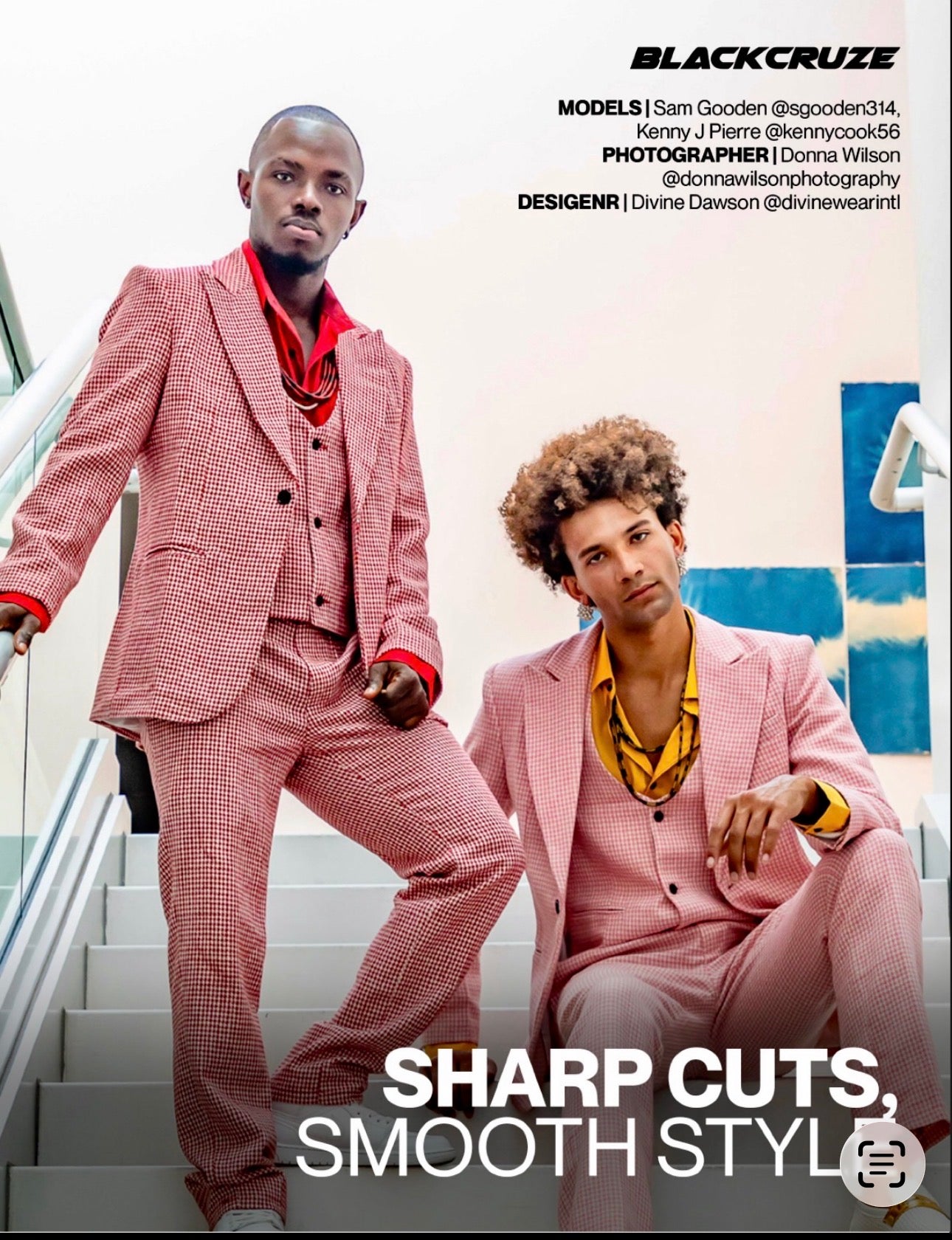 BlackCruze editorial featuring models in red checked DivineWear suits
