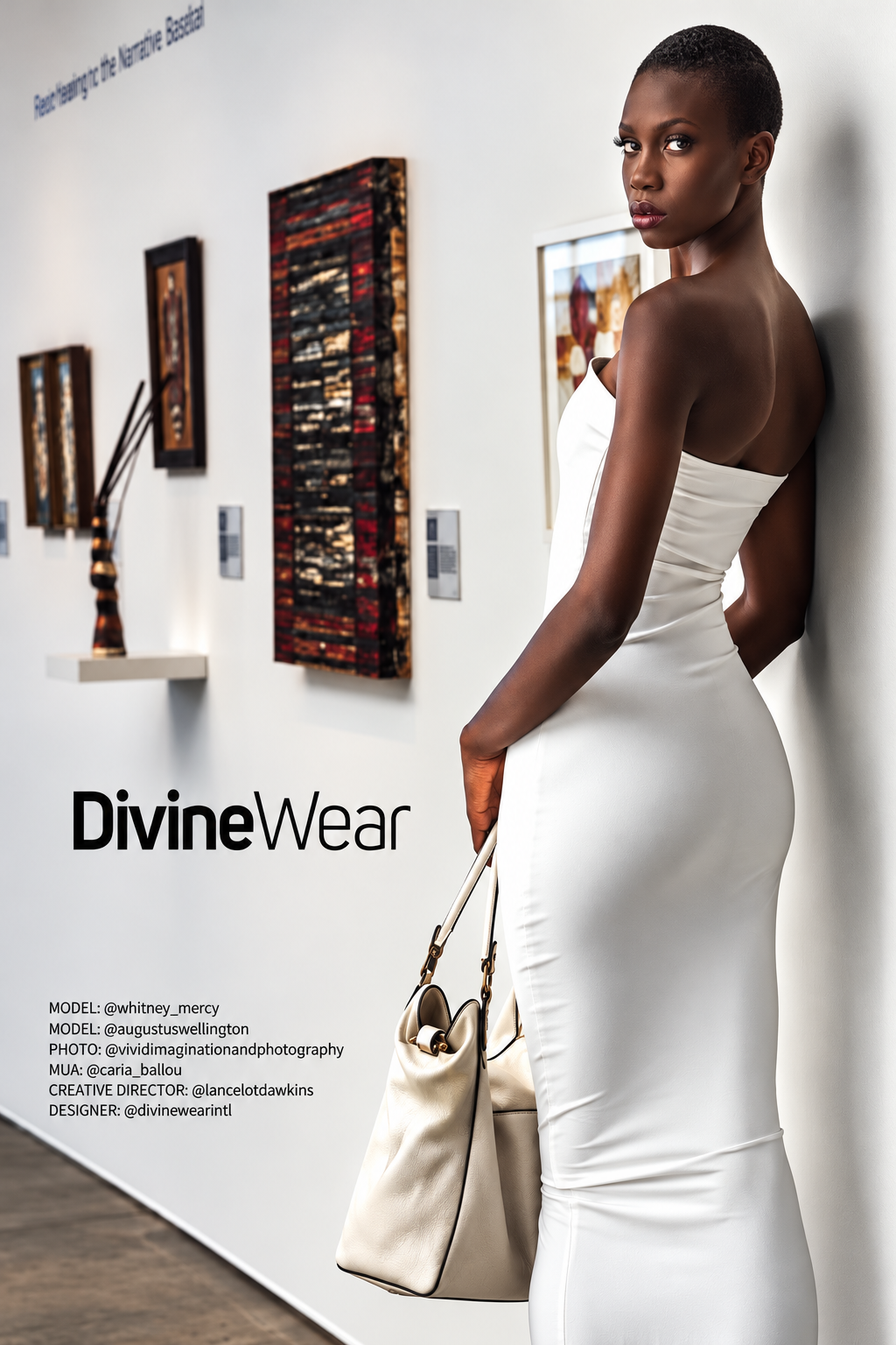 DivineWear editorial featuring a model in a white dress in a gallery setting