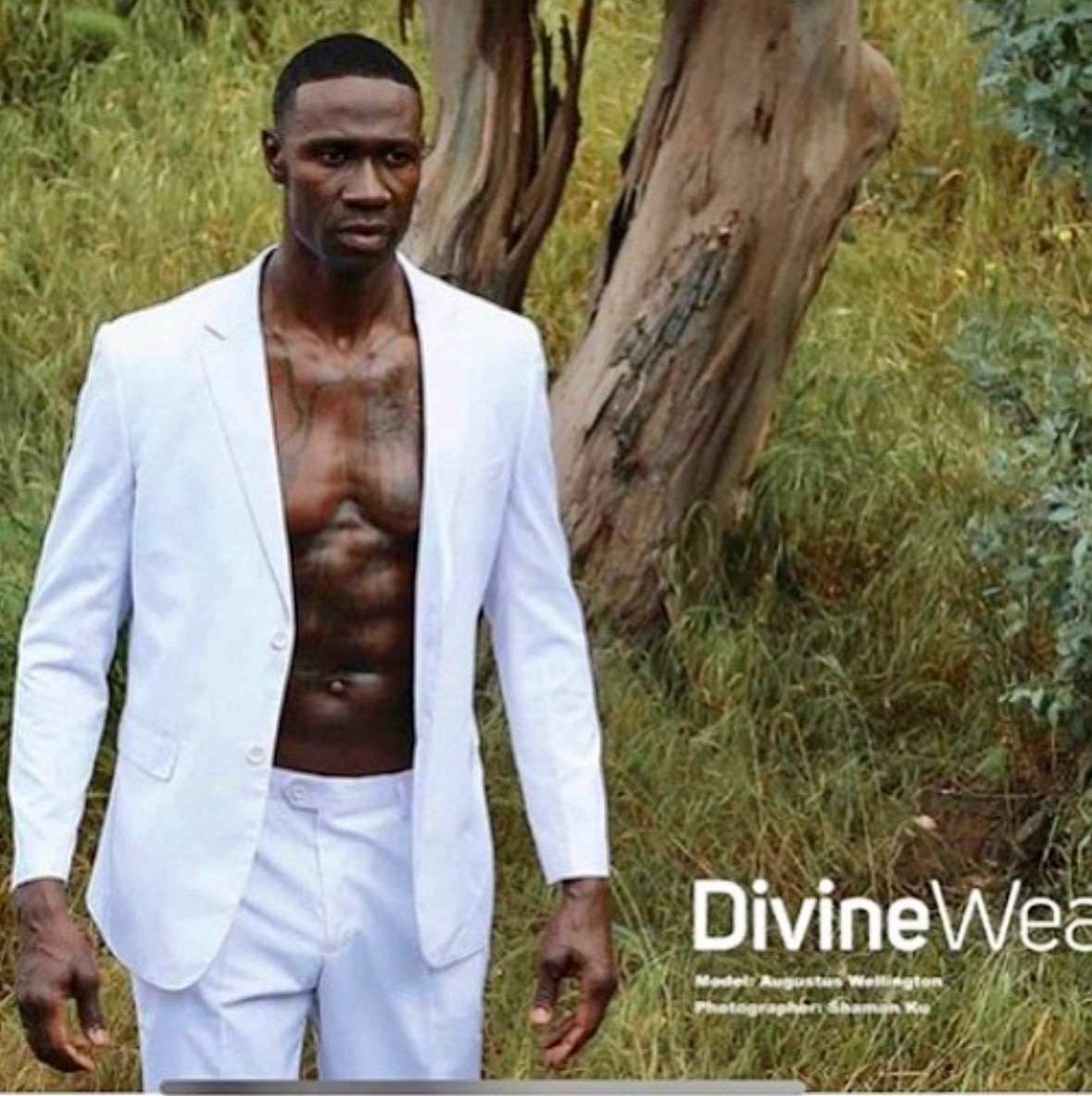 DivineWear editorial featuring a model in a white suit