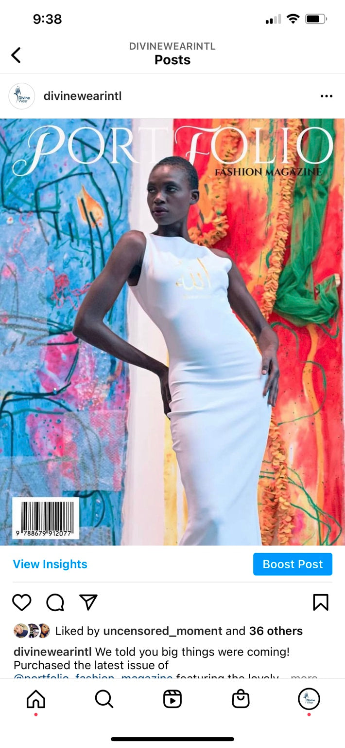 Portfolio Fashion Magazine cover featuring a model in a white DivineWear dress