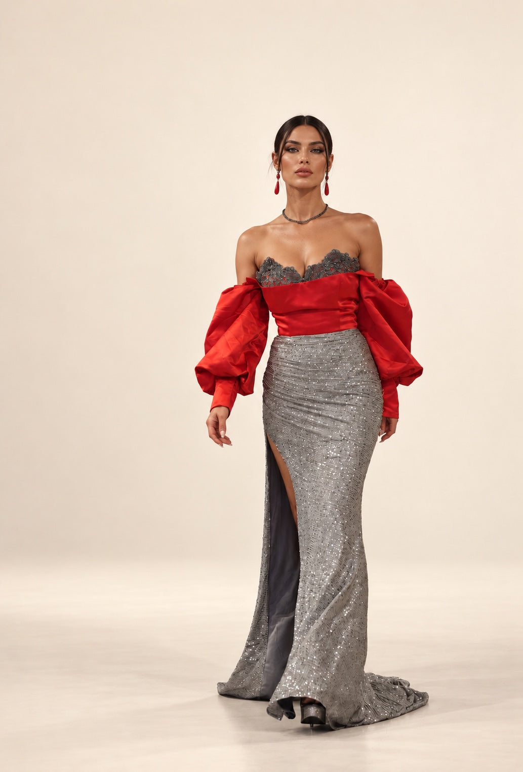 DivineWear red satin puff-sleeve gown with grey lace neckline and silver sequin slit skirt