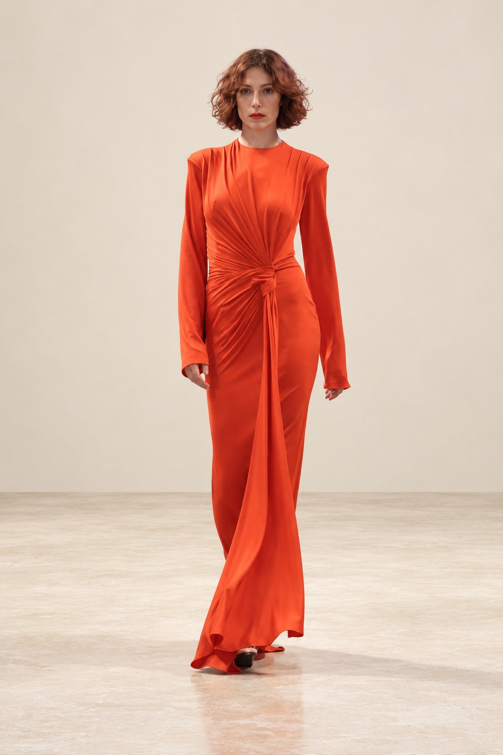 Eulita Collection orange-red long-sleeve draped gown