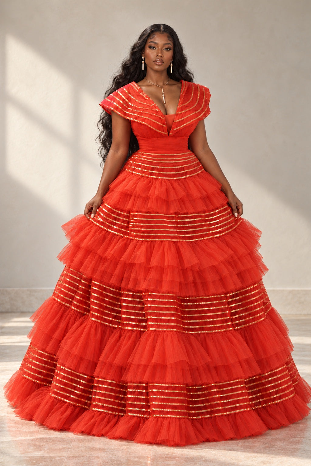 Eulita Collection red and gold ribbon tiered ballgown