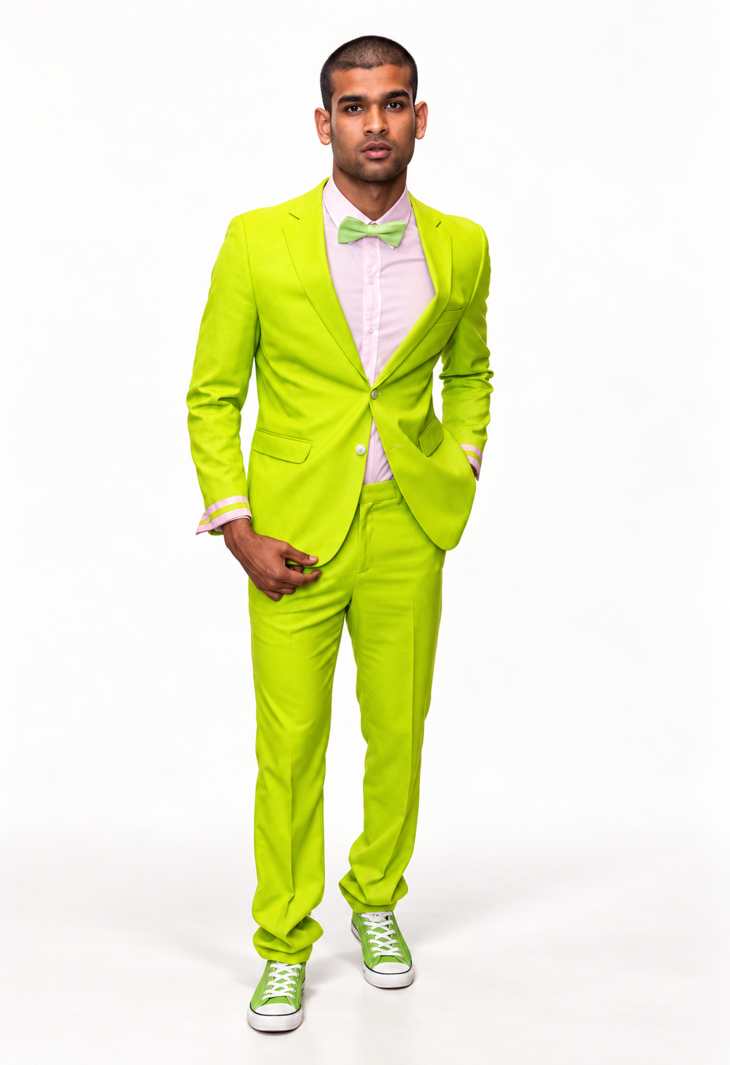 DivineWear lime green runway suit on the original male model in a clean studio setting