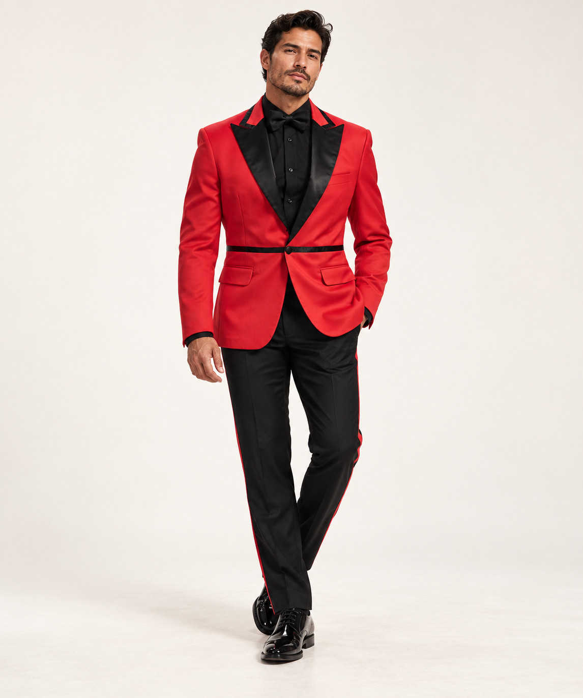 Colombian high fashion male model wearing DivineWear red and black runway tuxedo
