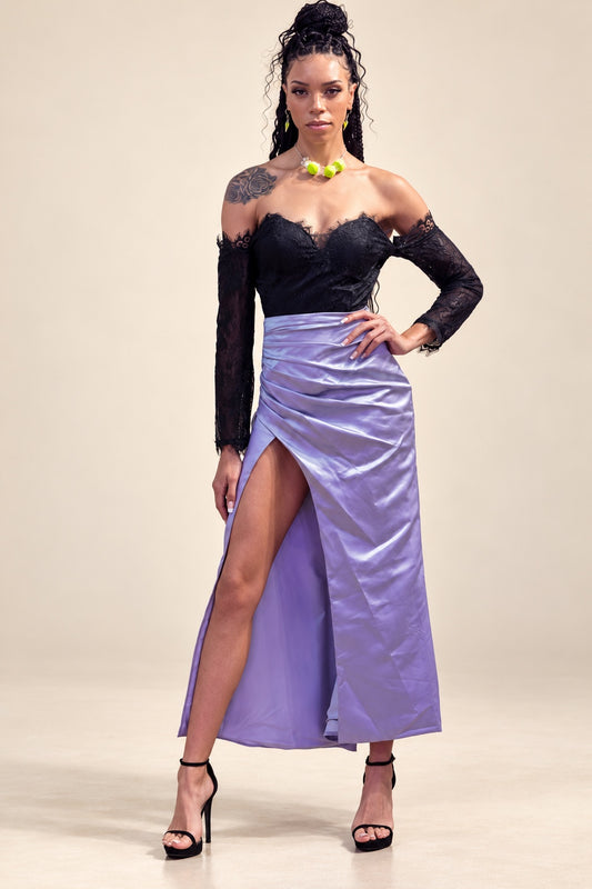 Black off-shoulder lace dress with long sleeves and lavender ruched satin slit skirt