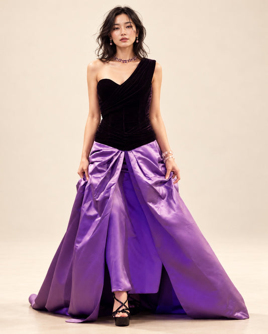 Black one-shoulder velvet bodice with lavender draped satin skirt