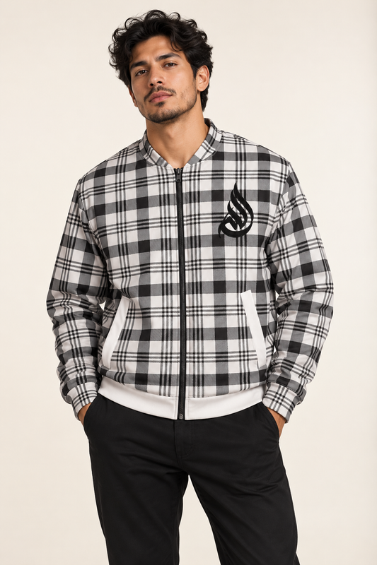 Latino male model wearing DivineWear black and white plaid bomber jacket