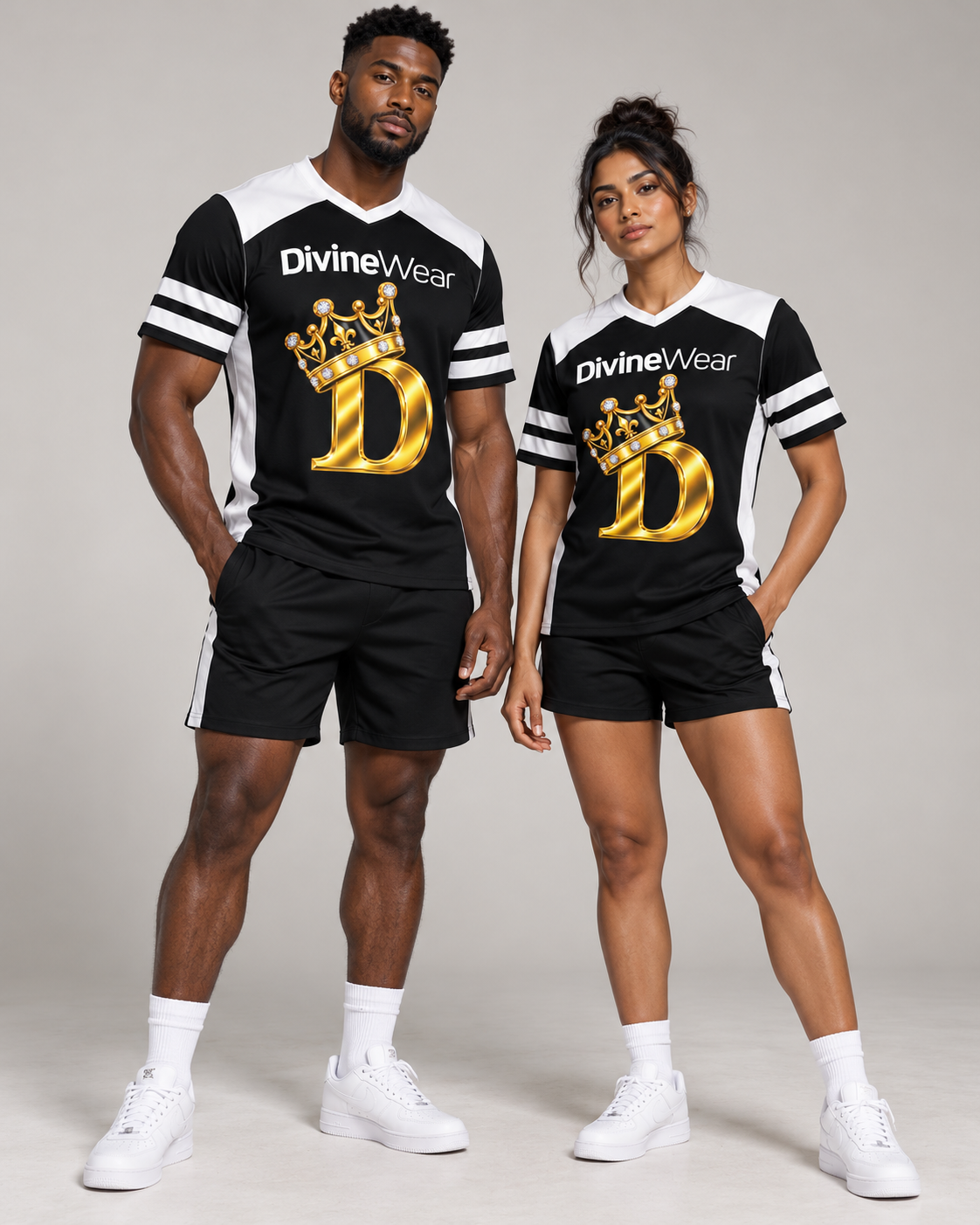 Athletic male and female models wearing the DivineWear Crown-D Black Sports Jersey