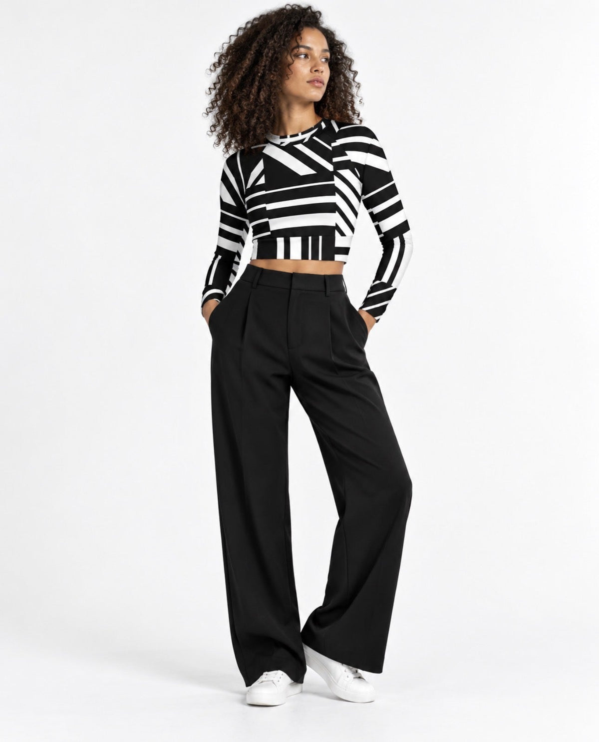 DivineWear Black / White Block long-sleeve crop top — approved editorial model