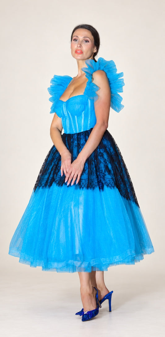 DivineWear blue and black lace tea-length dress on original model