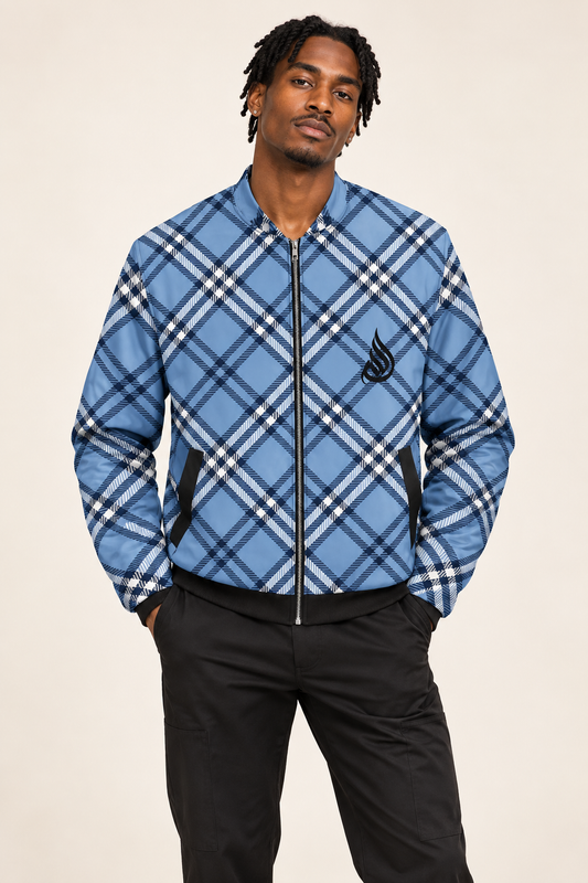 African American male model wearing DivineWear blue plaid bomber jacket