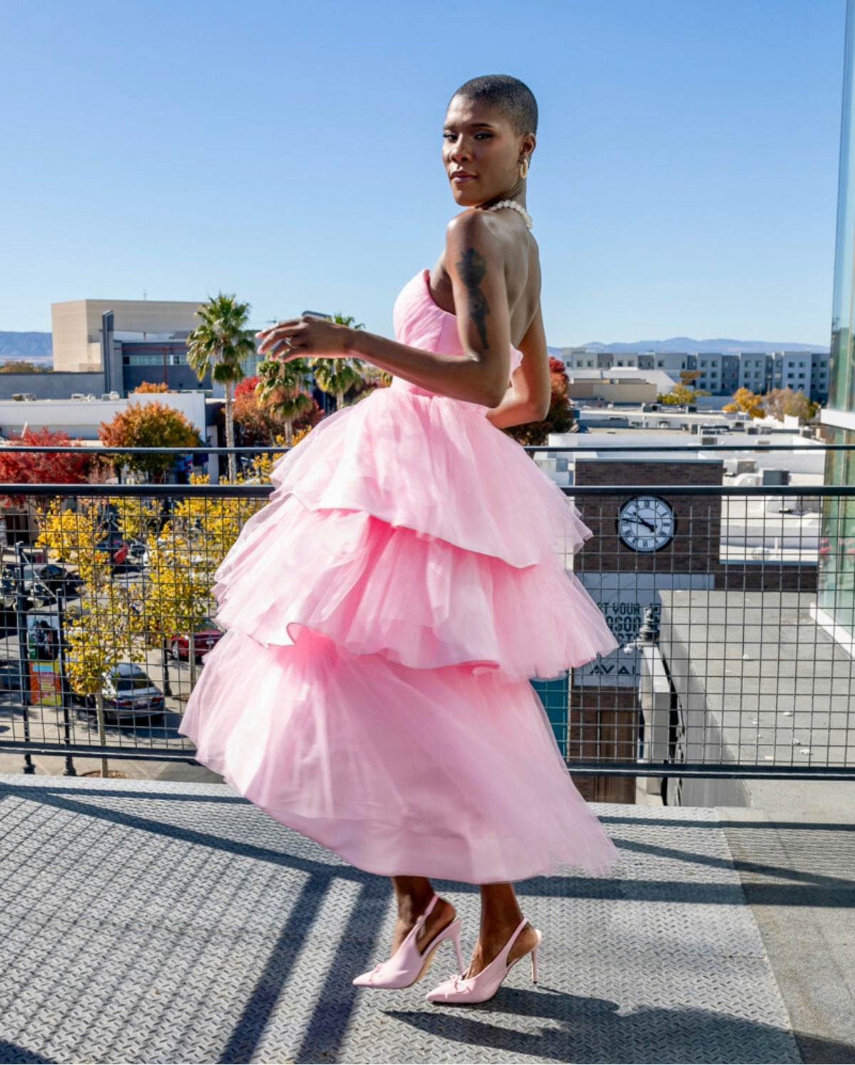 DivineWear blush tiered tulle dress on original model