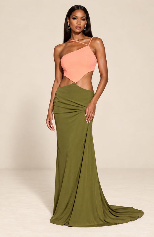DivineWear coral asymmetric bodice and olive floor-length skirt with small train