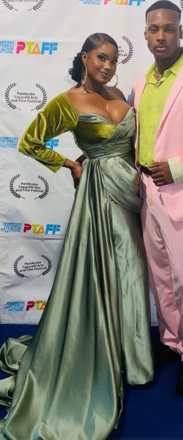 DivineWear emerald satin gown on original model