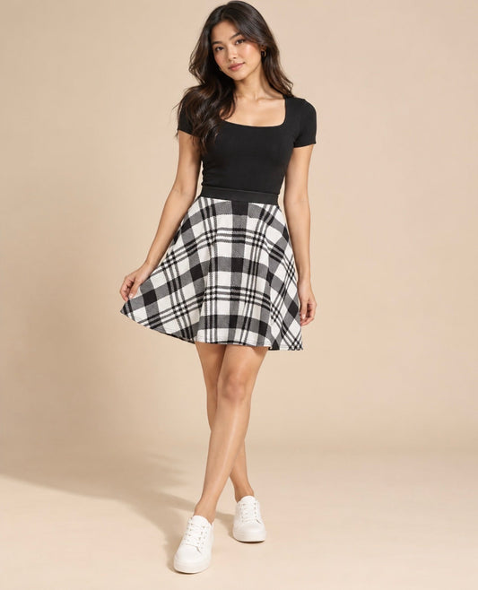 DivineWear Fall22 Plaid Skater skirt in black — approved editorial model