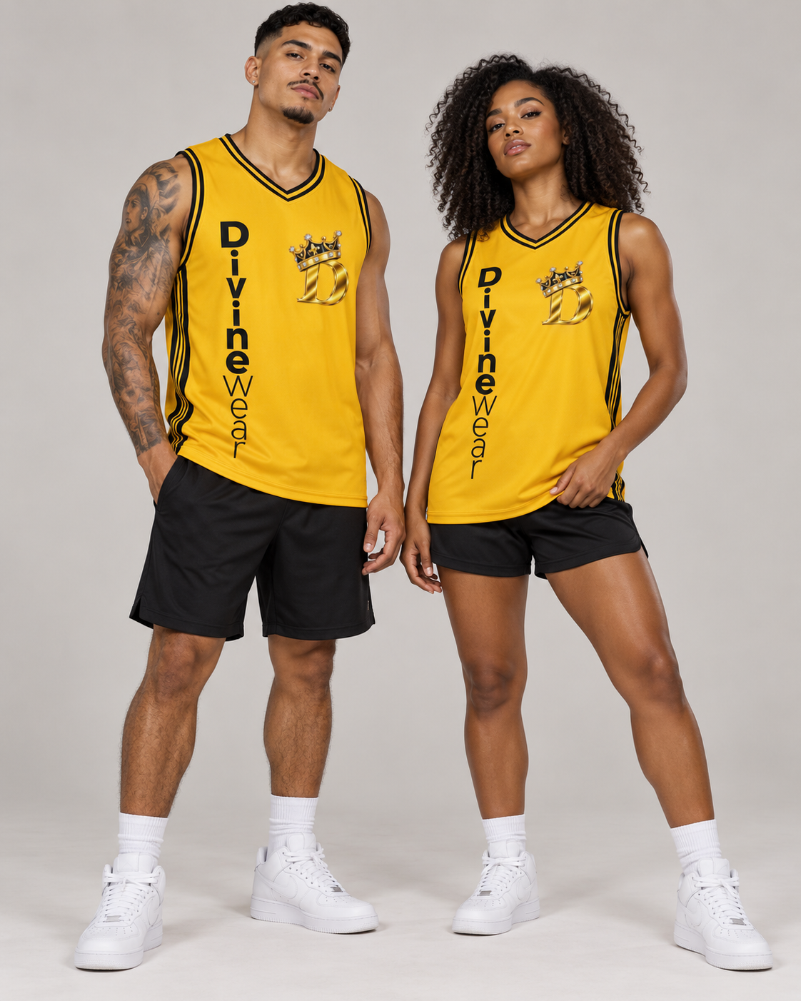 Athletic male and female models wearing the DivineWear Crown-D Gold Basketball Jersey