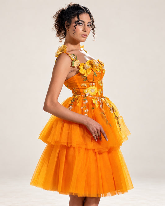 DivineWear golden orange short floral tiered tulle dress on original model