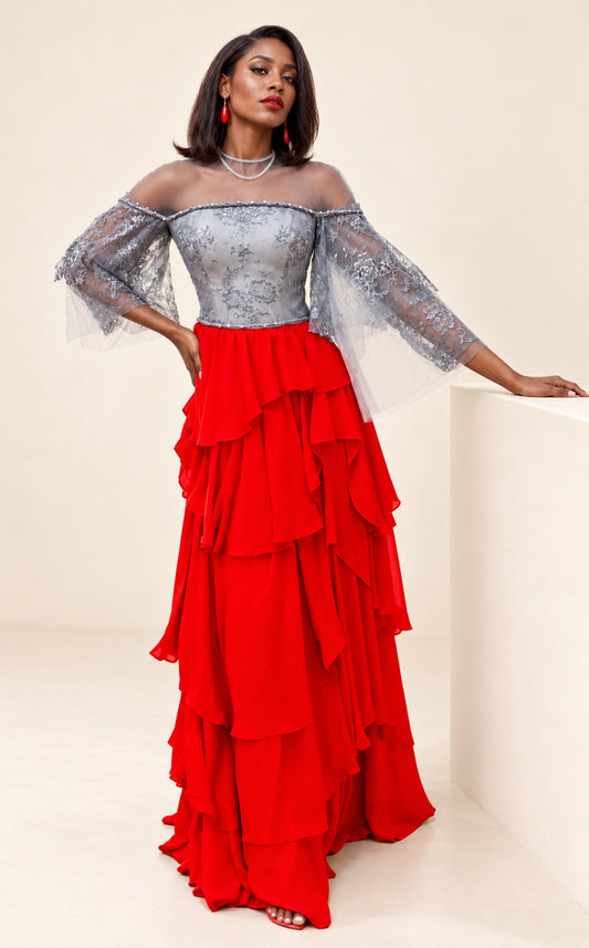 Grey floral lace bodice with sheer bell sleeves and red tiered ruffle skirt