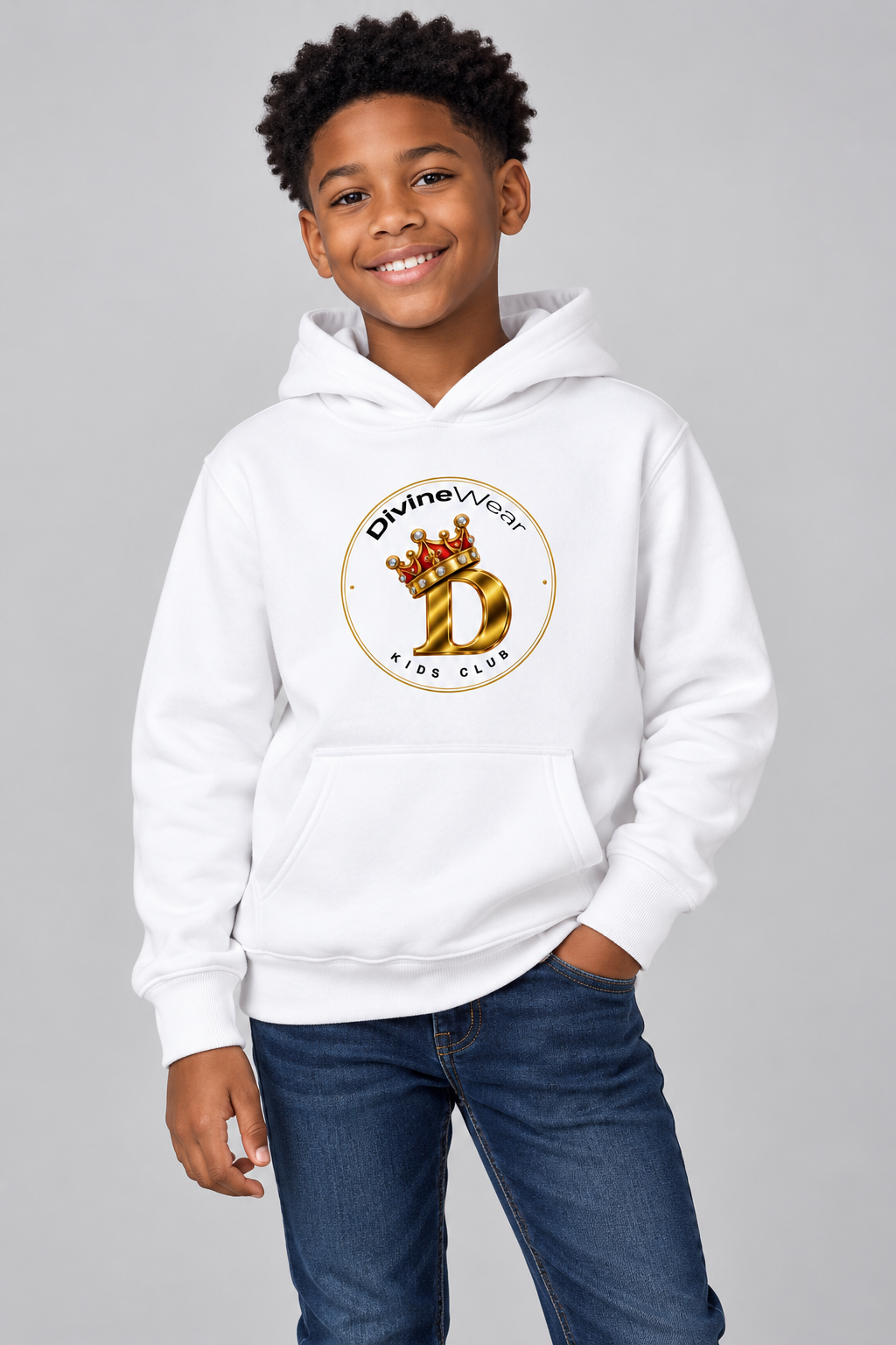 African American youth model wearing the white DivineWear Kids Club crown fleece hoodie