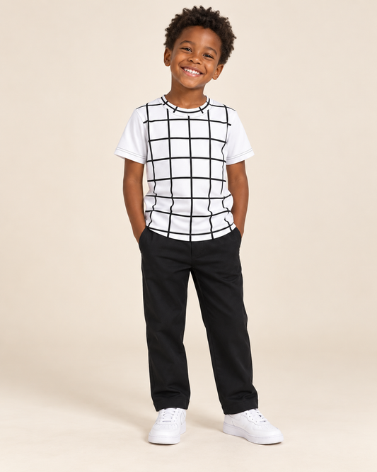 DivineWear Kids Blocked B/W t-shirt — children's editorial model