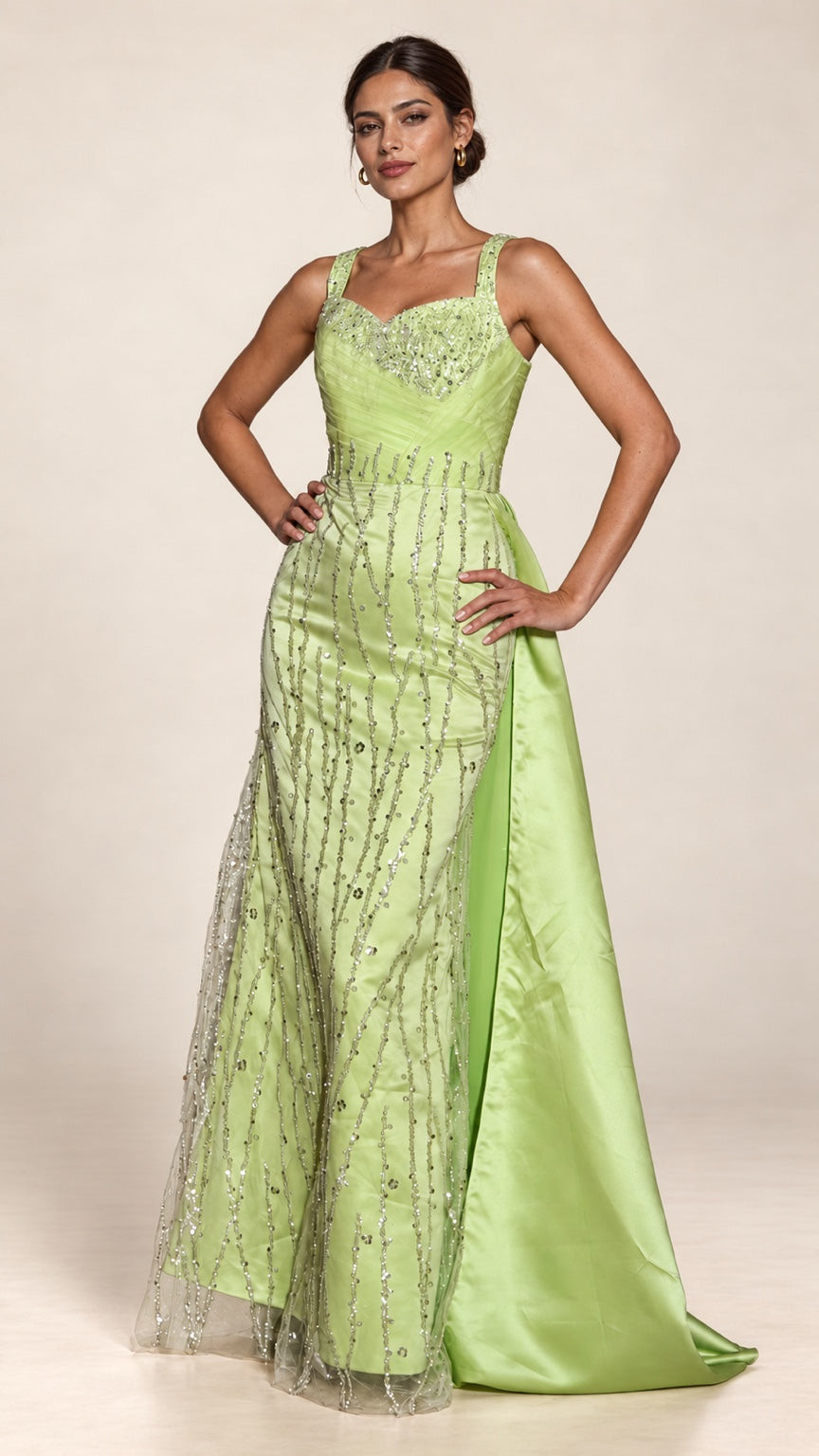DivineWear light green beaded satin gown with embellished straps and satin train