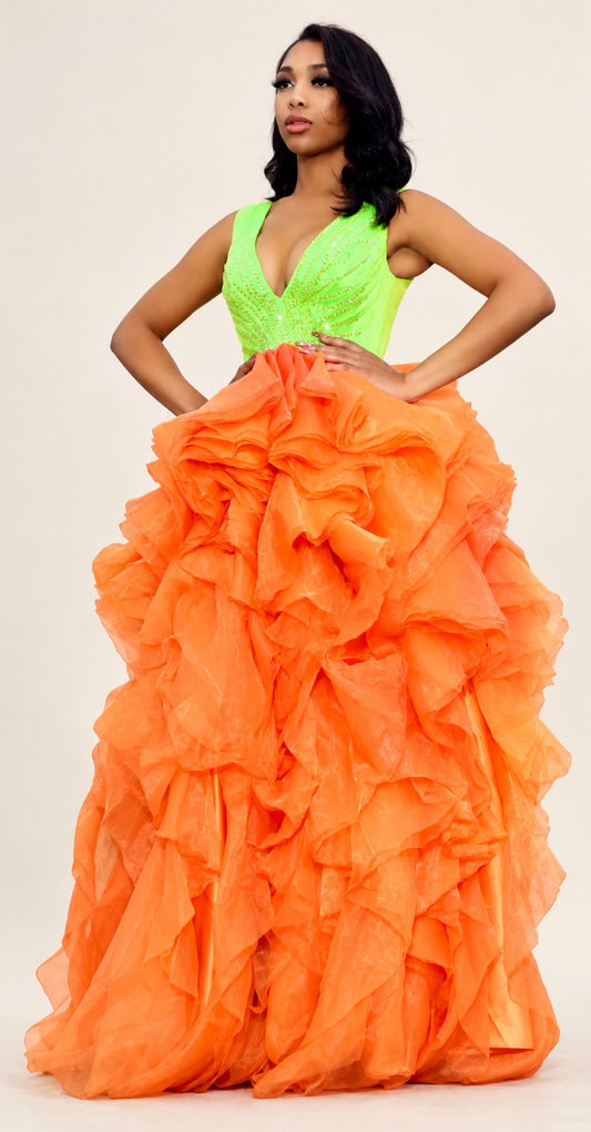 DivineWear lime and orange ruffled gown on original model