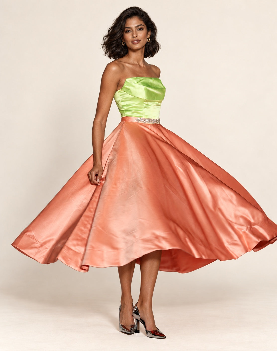 DivineWear lime green and peach satin tea-length dress with crystal waistband