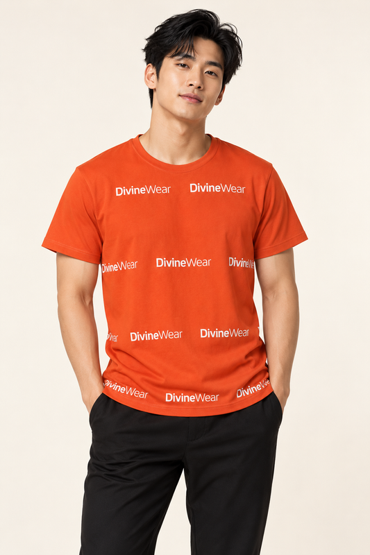 Asian male model wearing orange DivineWear athletic T-shirt