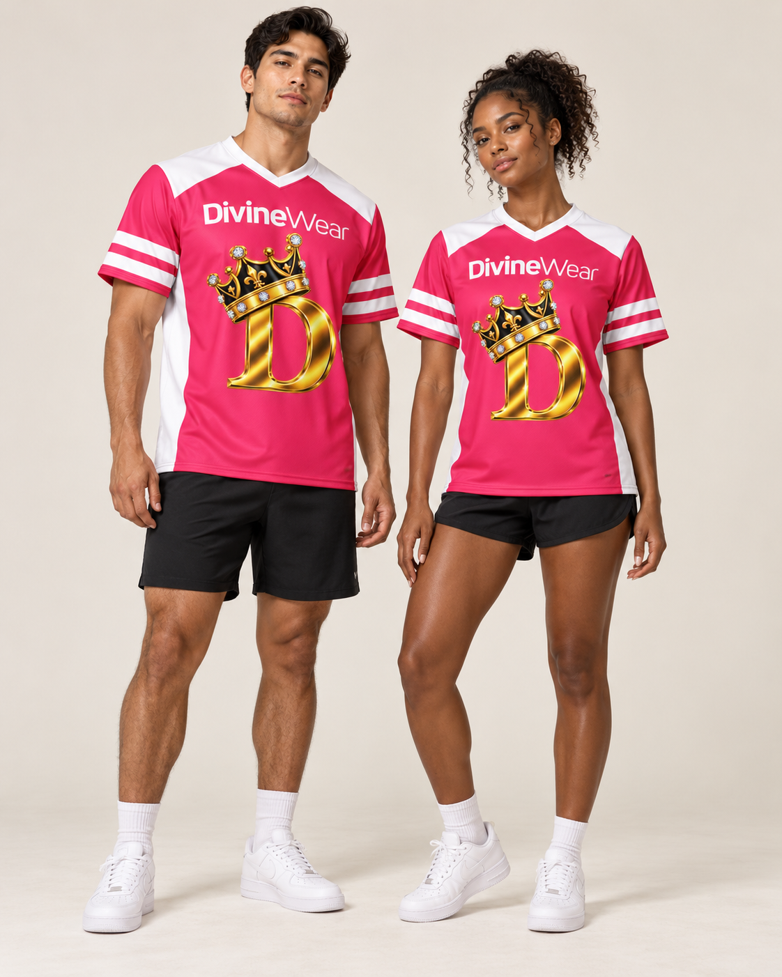 Athletic male and female models wearing the DivineWear Crown-D Pink Sports Jersey