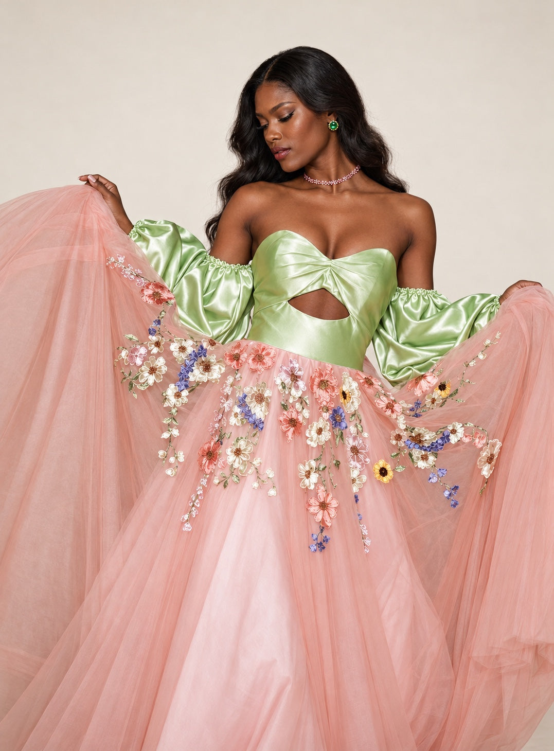DivineWear pistachio satin bodice and pink floral embroidered tulle gown