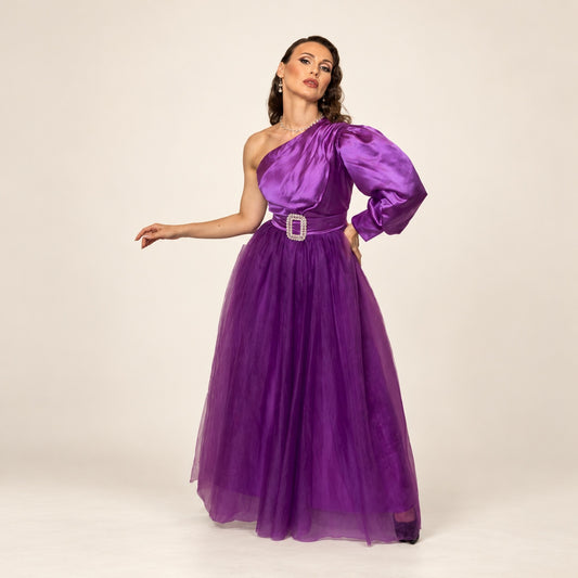 DivineWear purple one-shoulder tulle gown on original model