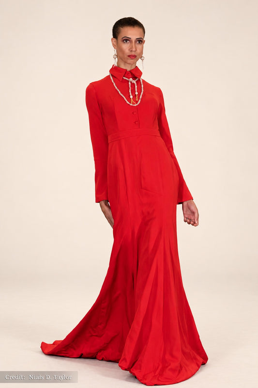 DivineWear red collared long-sleeve gown on original model. Photo credit: Niais D. Taylor.