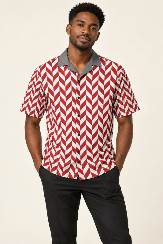 African American male model wearing DivineWear red and white chevron shirt with grey collar
