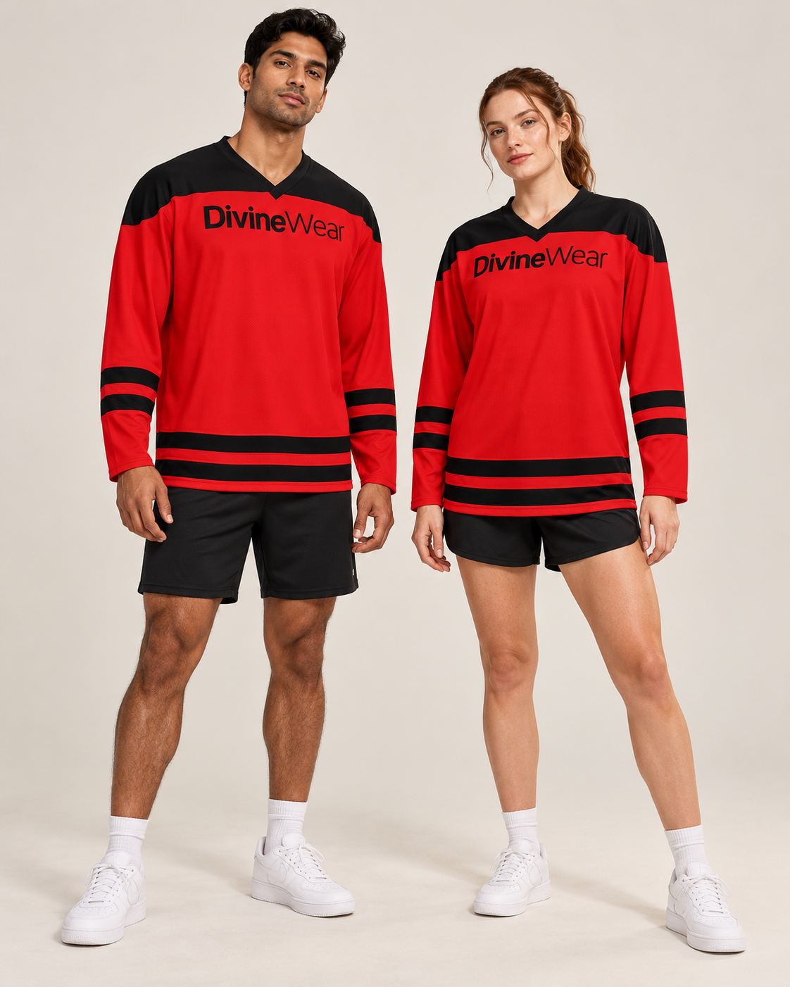 Athletic male and female models wearing the DivineWear Red & Black Hockey Fan Jersey