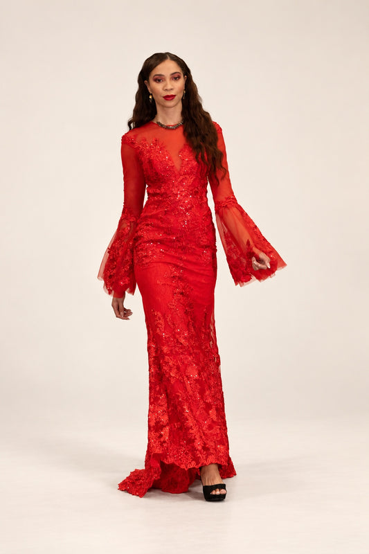 DivineWear red lace bell-sleeve gown on the original model