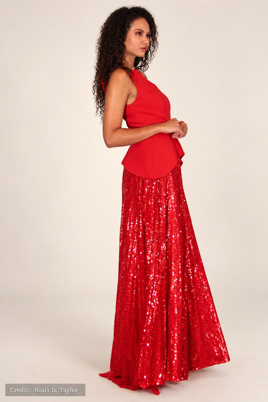 DivineWear red sequin peplum gown on original model. Photo credit: Niais D. Taylor.