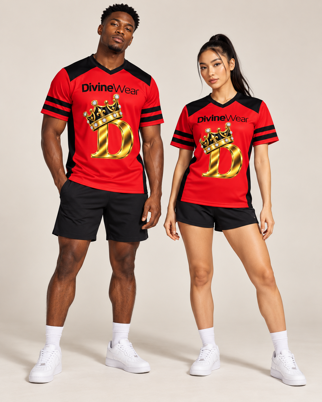 Athletic male and female models wearing the DivineWear Crown-D Red & Black Sports Jersey