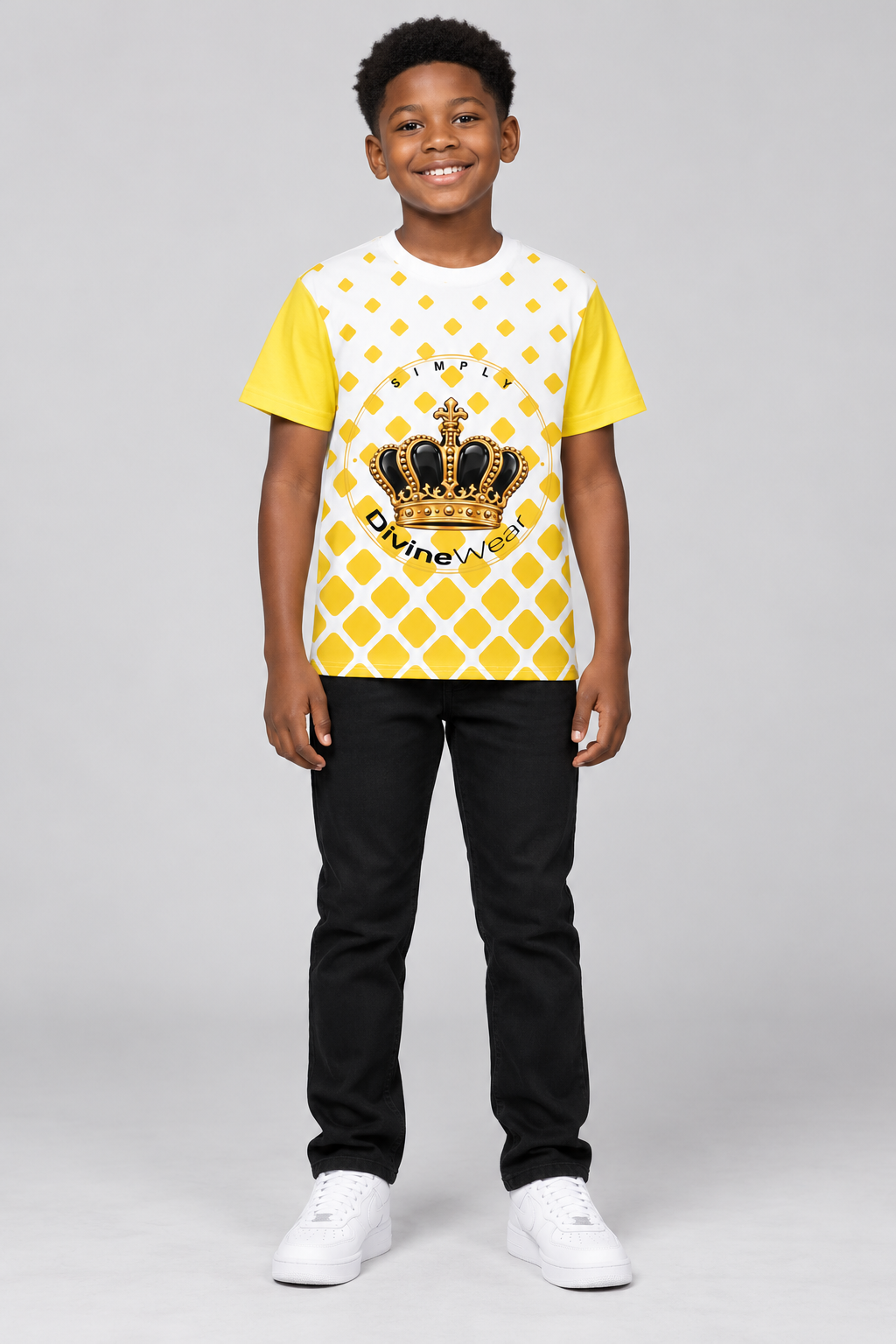 Nigerian youth model wearing the yellow and white DivineWear Simply Divine crown tee