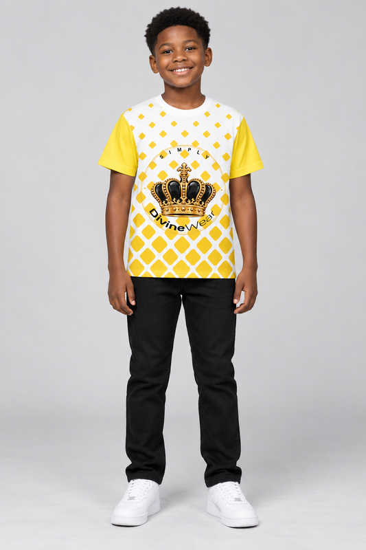 Nigerian youth model wearing the yellow and white DivineWear Simply Divine crown tee