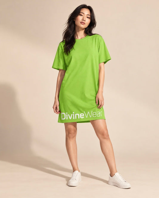 DivineWear SS22 T-shirt dress in Neon Green — approved editorial model