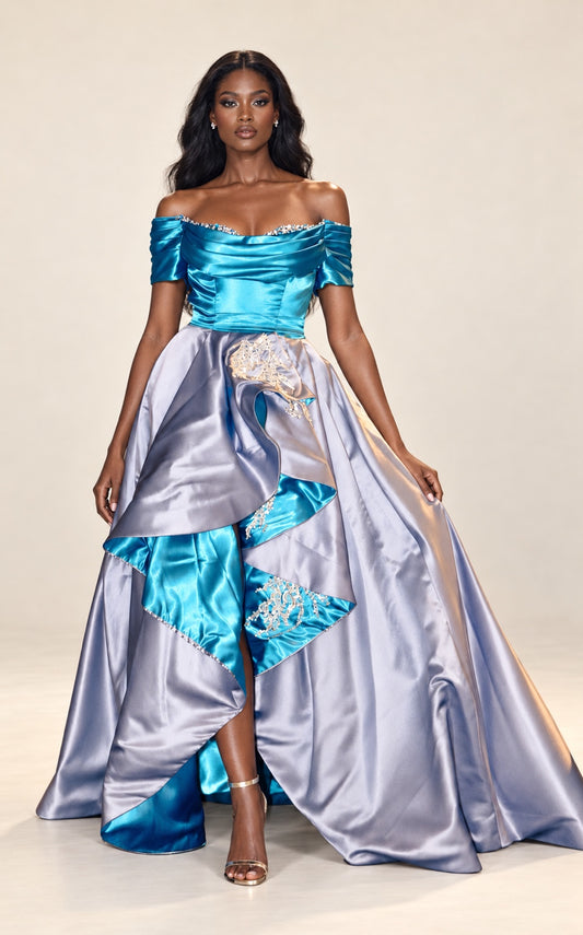 DivineWear turquoise and silver satin gown with embellished cascading ruffles