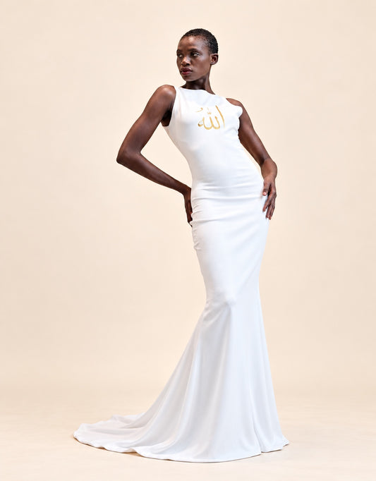 DivineWear white sleeveless gown with gold motif and small train