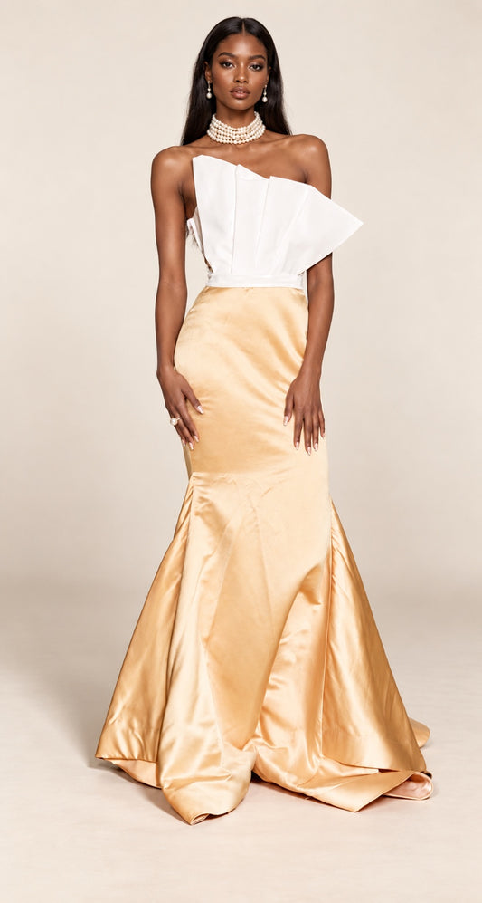 DivineWear sculptural white fan bodice and gold satin mermaid gown