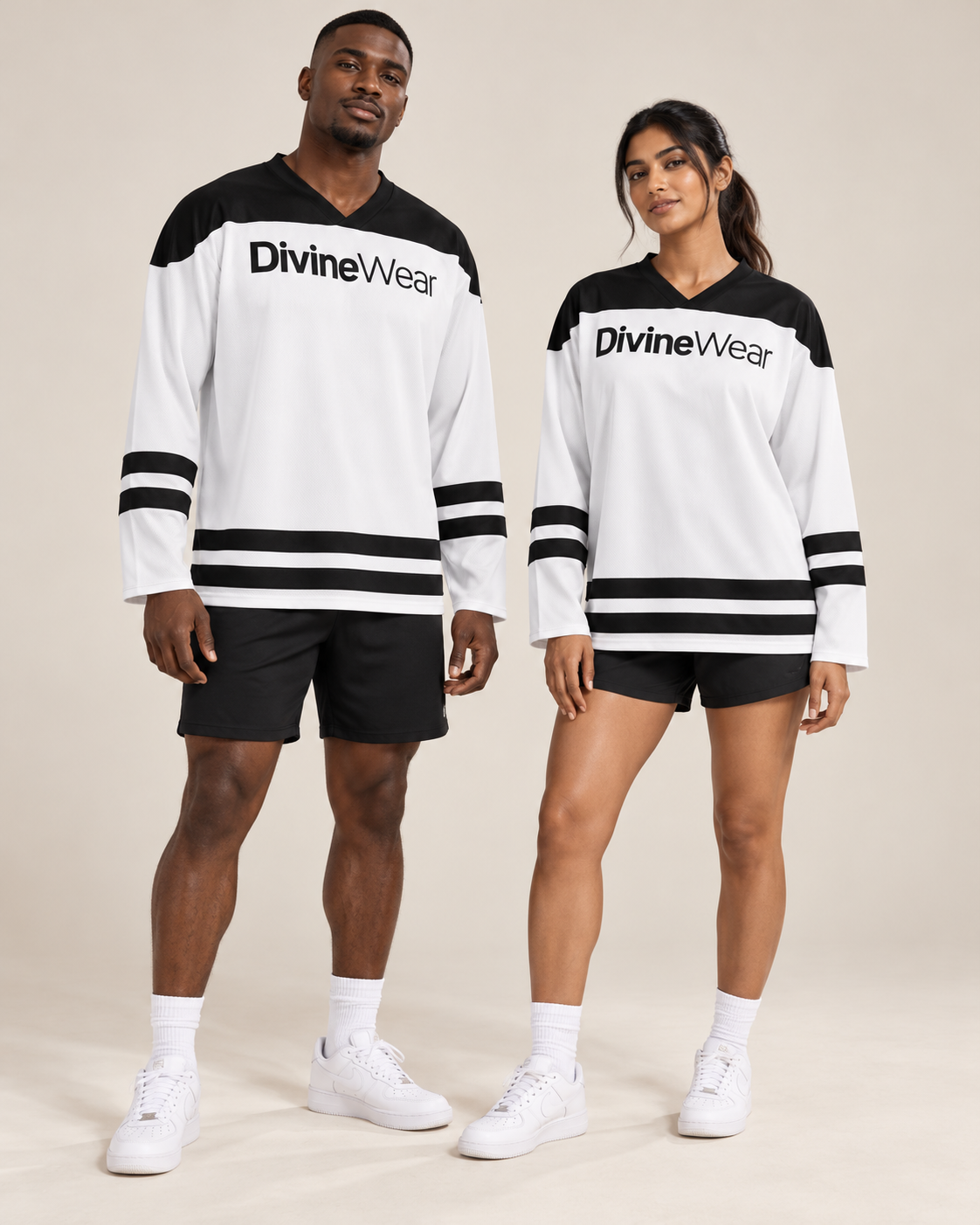 Athletic male and female models wearing the DivineWear White & Black Hockey Fan Jersey