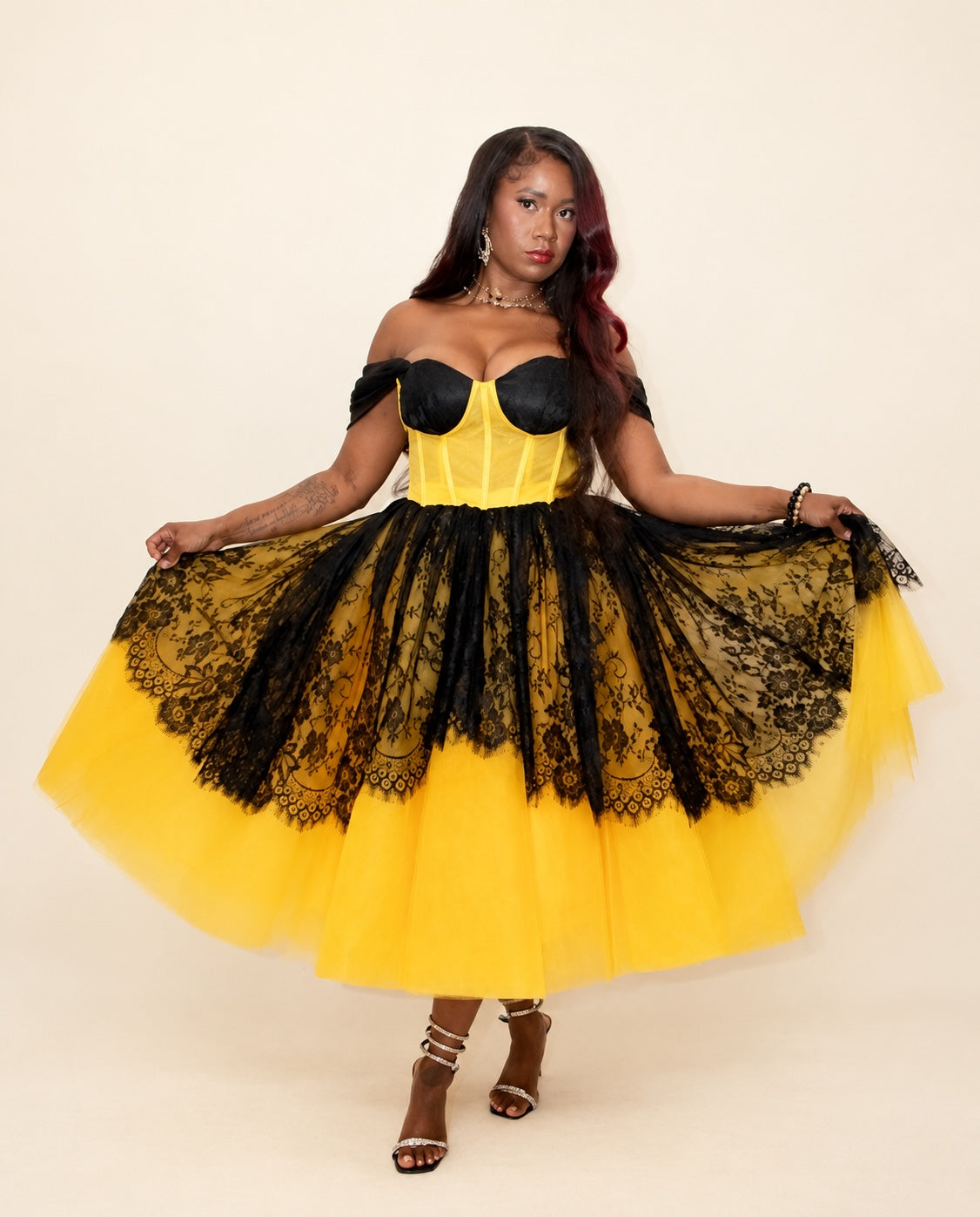 DivineWear yellow and black lace tea-length dress with corset bodice and full tulle skirt