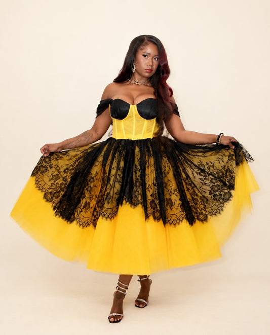 DivineWear yellow and black lace tea-length dress with corset bodice and full tulle skirt