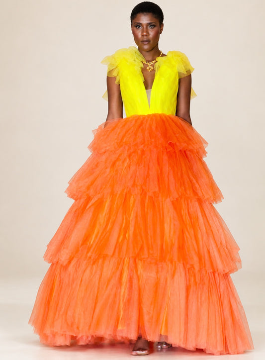 DivineWear yellow and orange tiered tulle gown on original model