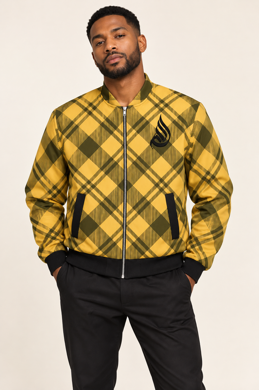 African American male model wearing DivineWear yellow plaid bomber jacket
